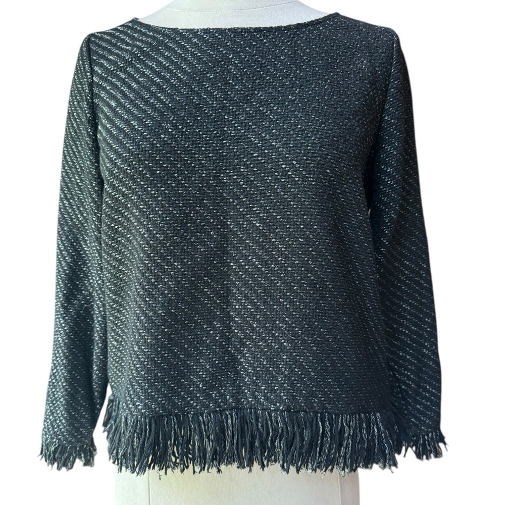 Maje Lionel‎ Black Rabata Fringe Marled Striped Silver Metallic Sweater